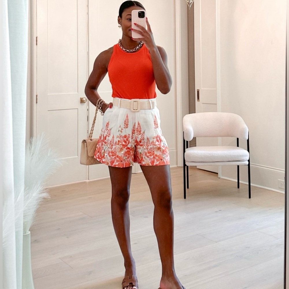 NWOT CORAL RED FLORAL BELTED TWILL SHORTS